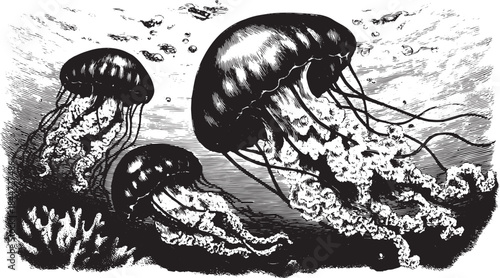 Jellyfish in black and white vector illustration style. Vintage aquatic design showcasing marine wildlife in a natural ocean environment.