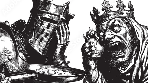 Knight and king in a dramatic scene. Vintage black and white vector illustration showcasing emotional expressions in a humorous context.