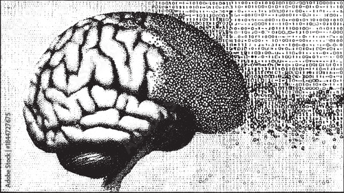 Digital brain vector illustration featuring binary data in a monochrome design. An abstract representation emphasizing technology and innovation.