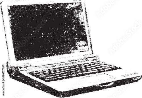 Vintage laptop with a black screen and scratched surface. A simple vector illustration of an old tech device design.