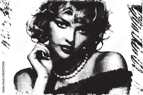 Vintage black and white portrait of an elegant girl with dramatic makeup and styled hair. Aesthetic vector illustration featuring classic beauty.