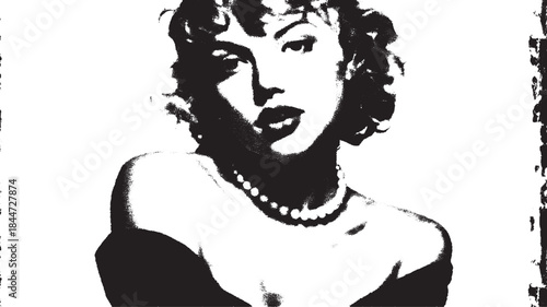 Portrait of a woman in black and white. Vintage vector illustration captures glamour and elegance with high contrast and classic style.