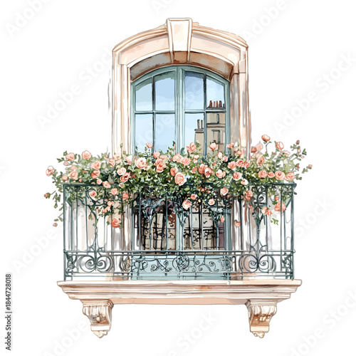 Watercolor Parisian Balcony Pink Roses Floral Illustration Vector Clipart
