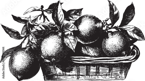 Hand-drawn basket filled with ripe lemons and oranges. Vintage vector illustration with detailed leaves, perfect for natural food design.