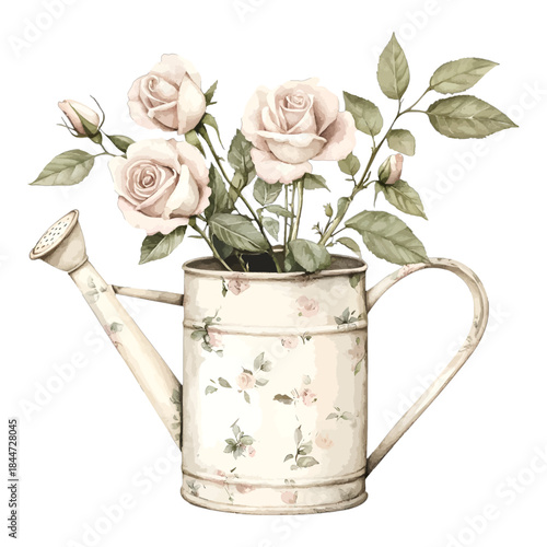 Watercolor Vintage Watering Can Pink Roses Floral Bouquet Vector Clipart

