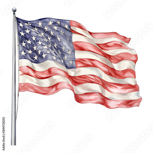 Watercolor American Flag Waving On Flagpole Vector Illustration
