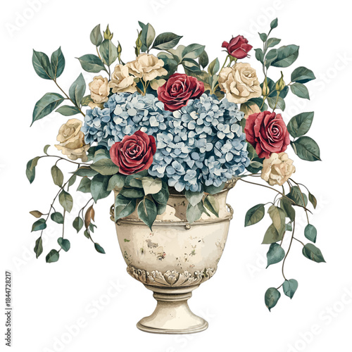 Watercolor Blue Hydrangea Red Rose Floral Urn Vector Clipart
