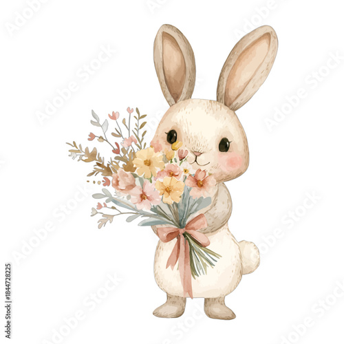 Cute Watercolor Bunny Rabbit Holding Wildflower Bouquet Vector Clipart
