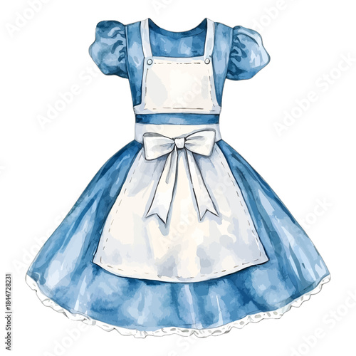 Watercolor Blue Maid Dress White Apron Bow Costume Vector Clipart
