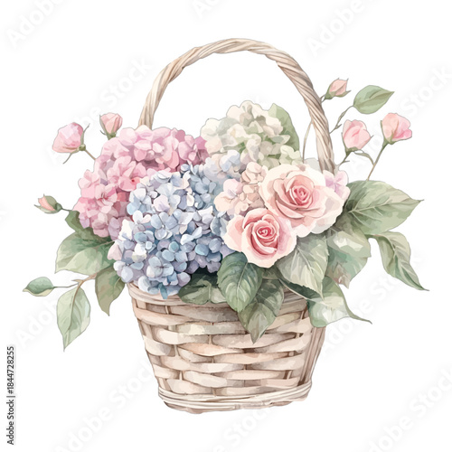Watercolor Flower Basket Pink Blue Hydrangeas Roses Vector Clipart
