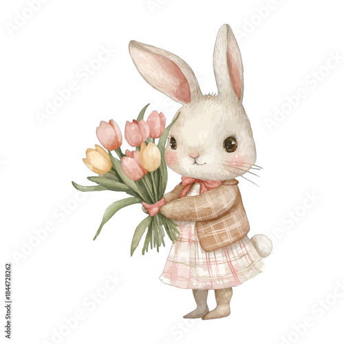 Cute Watercolor Bunny Rabbit In Plaid Dress Holding Pink Tulips Vector Clipart

