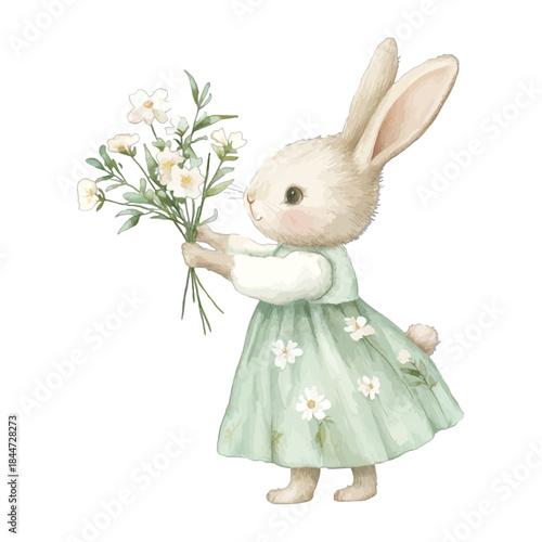 Cute Watercolor Bunny Rabbit Green Dress Holding Flowers Bouquet Vector Clipart
