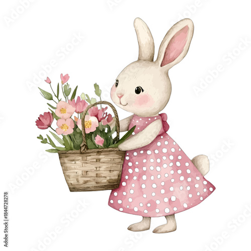 Cute Watercolor Bunny Rabbit Pink Polka Dot Dress Flowers Basket Vector Clipart
