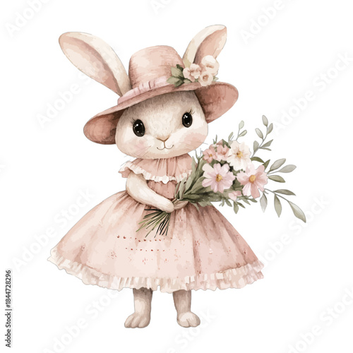Cute Watercolor Bunny Rabbit Pink Dress Hat Flowers Bouquet Vector Clipart
