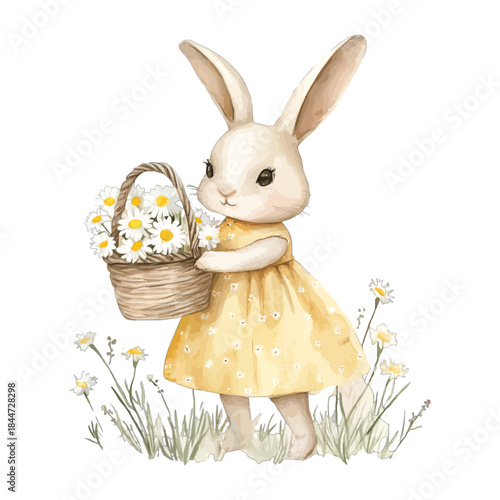Cute Watercolor Bunny Rabbit In Yellow Dress Holding Daisy Flower Basket Vector Clipart
