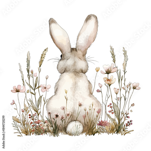 Watercolor Bunny Rabbit Back View Wildflowers Field Vector Clipart
