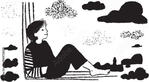 A boy sketch in black and white with a striped shirt. Clouds and a simple background enhance the vector illustration of a peaceful moment.