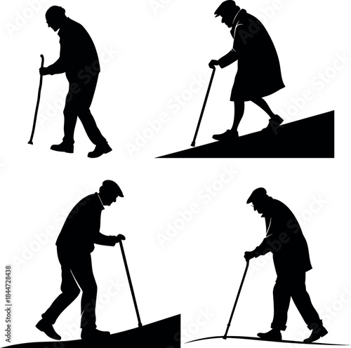 old man with stick silhouette vector illustration