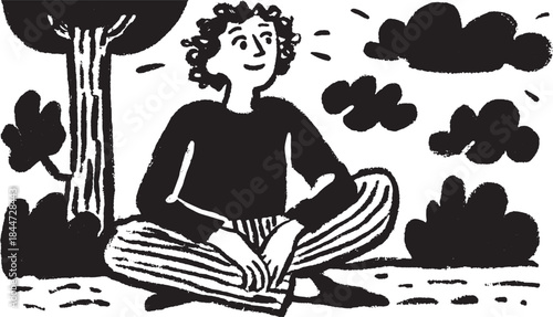 Person seated outdoors under a tree. Simple black and white vector illustration featuring a relaxed human figure surrounded by clouds and nature.