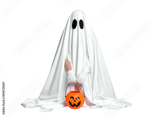 Child ghost costume with pumpkin bucket