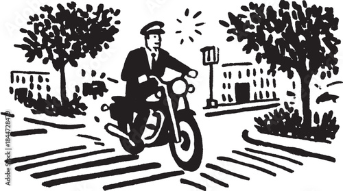 Motorcycle cop illustration in a black-and-white sketch style. Simple line design set against an urban street. Vector artwork emphasizes movement.