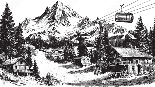 Mountain city skyline with ski lifts and cabins. Line art vector illustration featuring snowy landscape amid trees.