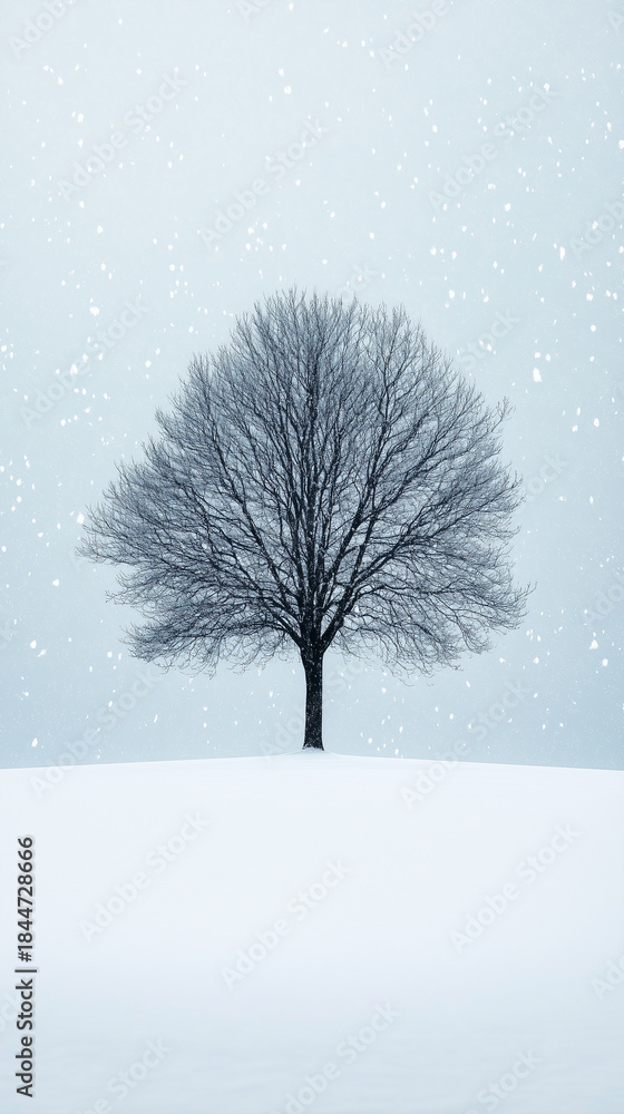 Fototapeta premium A single bare tree standing in the middle of a snow-covered field during gentle snowfall, against a soft pale blue winter sky.