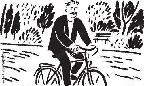 Bicycle illustration featuring a man cycling outdoors. Simple black and white vector set with trees and a park background.