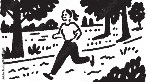 Woman running in a simple black and white vector illustration. The scene captures outdoor jogging movement among trees in a park setting.