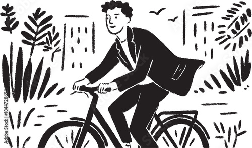 Illustration of a man riding a bicycle. Vector art in a natural outdoor setting with plants and leaves, emphasizing a modern lifestyle.
