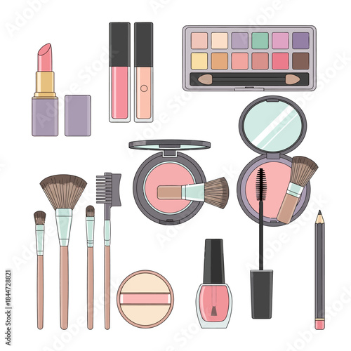 Makeup Tools and Cosmetic Products Flat Illustration