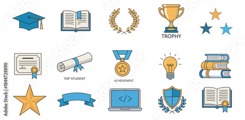 Educational success academic achievements learning knowledge awards graduation diplomas trophies medals innovation and