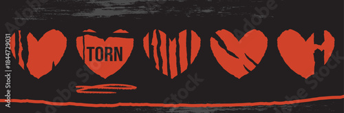 Set torn paper heart with sad love in valentine collage frame.
