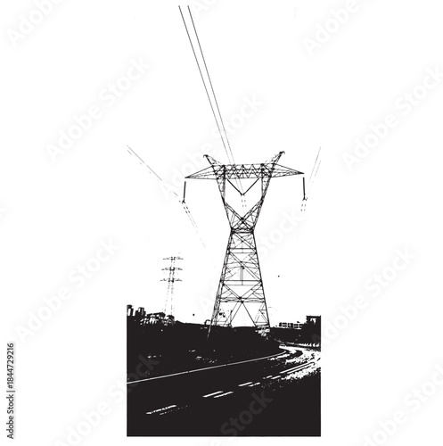 Electric poles, high-voltage power towers, and transmission lines.