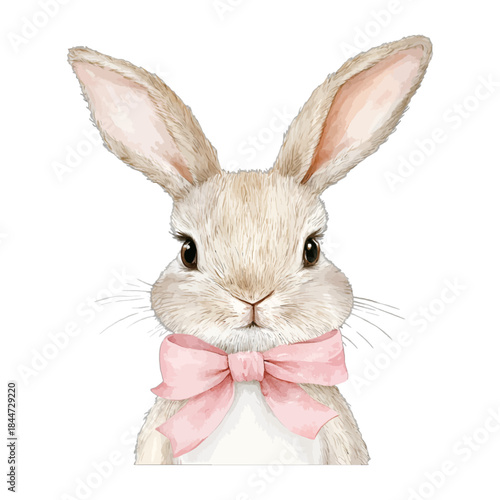 Cute Fluffy Bunny Rabbit With Pink Bow Portrait Vector Clipart
