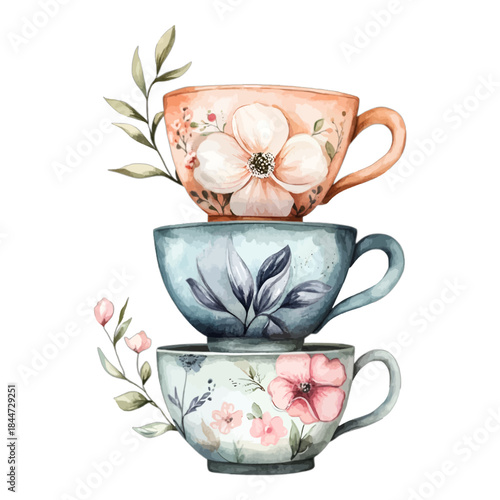 Watercolor Stacked Teacups Floral Design Isolated Vector Clipart
