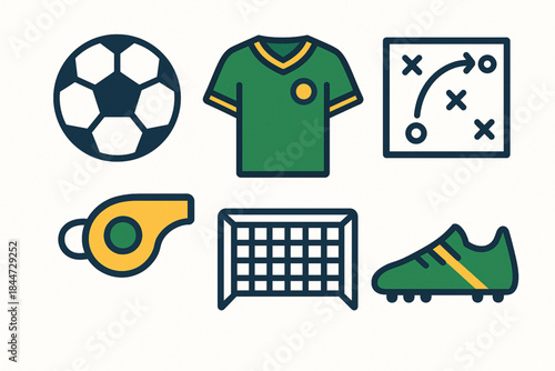 Stylized Brazil Football Icon Set – Minimalist Soccer Vector Icons on White Background