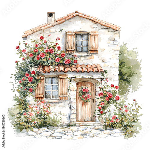 Watercolor Italian Stone House With Red Roses Vector Clipart
