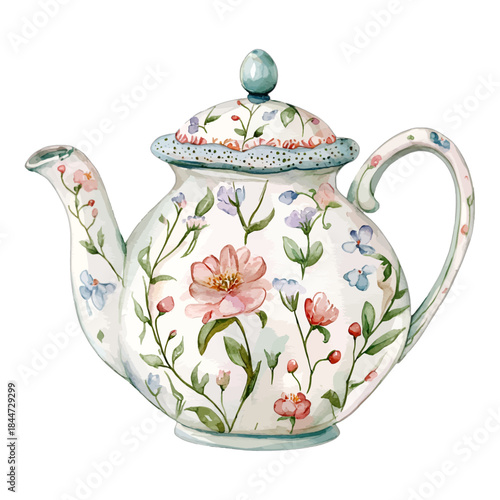 Watercolor Floral Teapot Vector Illustration
