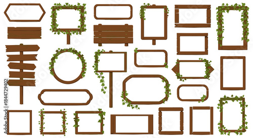 Rustic frames and signs arranged in a variety of shapes with ivy trim offering a versatile collection for garden decoration and outdoor signage displays