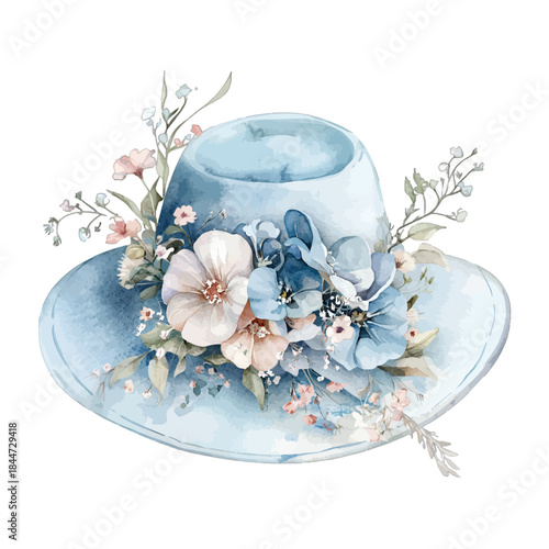 Elegant blue sun hat with watercolor floral decoration vector illustration
