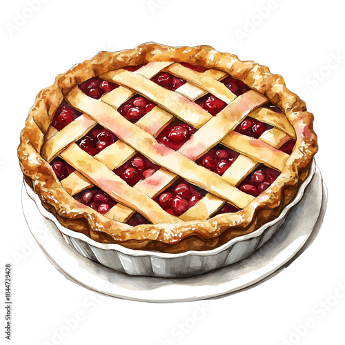 Fresh cherry pie with lattice crust on a plate vector illustration isolated on white background
