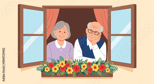 Bright morning light spills through an open window as an elderly couple smiles over a colorful flower box and enjoys a peaceful moment together at home.