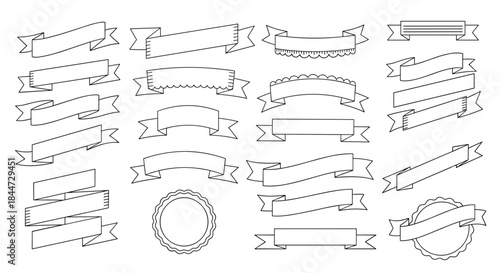 Assorted hand drawn ribbon banners in a variety of shapes and edge styles for decorative labels and vintage design accents suitable for creative projects.