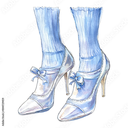 Fashion illustration watercolor blue high heel shoes with socks, vector
