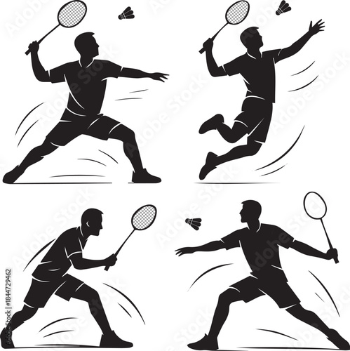 Set Badmintion silhouette player in action with bat