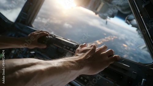 A space capsule re-entry moment shown from interior POV, astronaut gripping handrails as fiery plasma streaks outside the small window — aerospace engineering, human exploration, and high-intensity