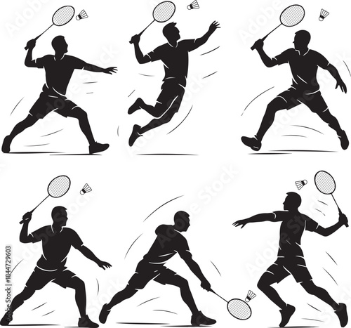 Set Badmintion player silhouette in various action