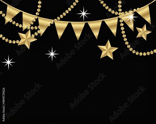 Festive PNG banner with shiny gold bunting, flags, stars, and garlands. in a dark black background