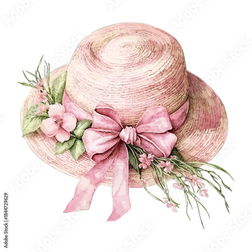 Watercolor Pink Straw Sun Hat with Floral Ribbon and Bow Vector Illustration
